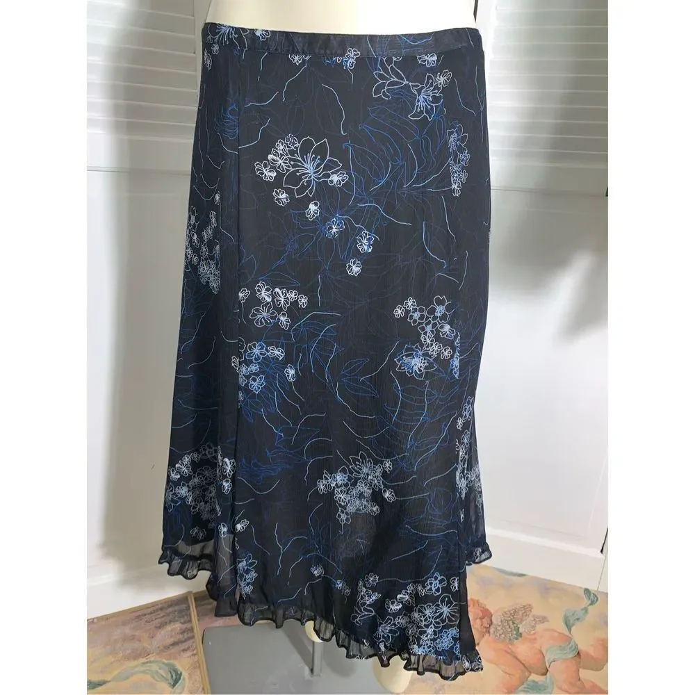 Vintage,‎ dark floral, double layered, sheer chiffon, midi skirt, size 12 ￼